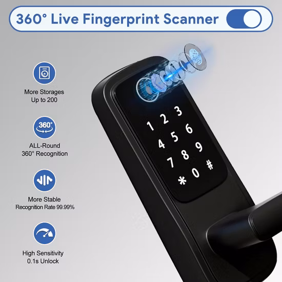 Smart Fingerprint Door Lock, Keyless Entry Door Lock with Reversible Handle, 6 in 1 Touchscreen Keypad Digital